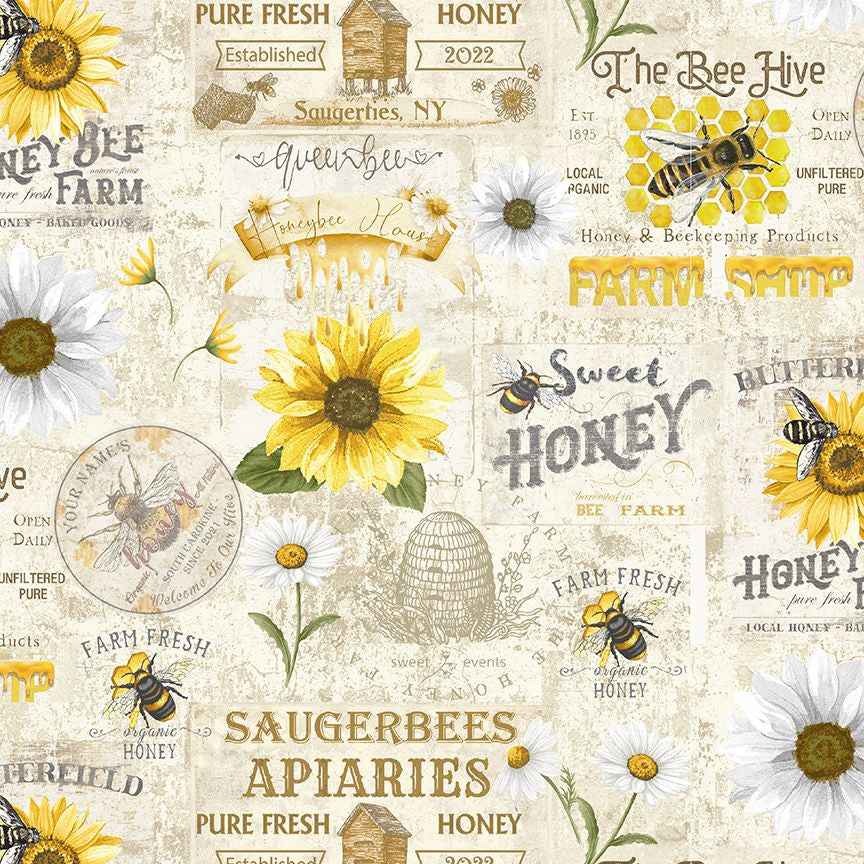 BEES AND FLOWERS ON CREAM cotton fabric by the half yard TIMELESS TREASURES!