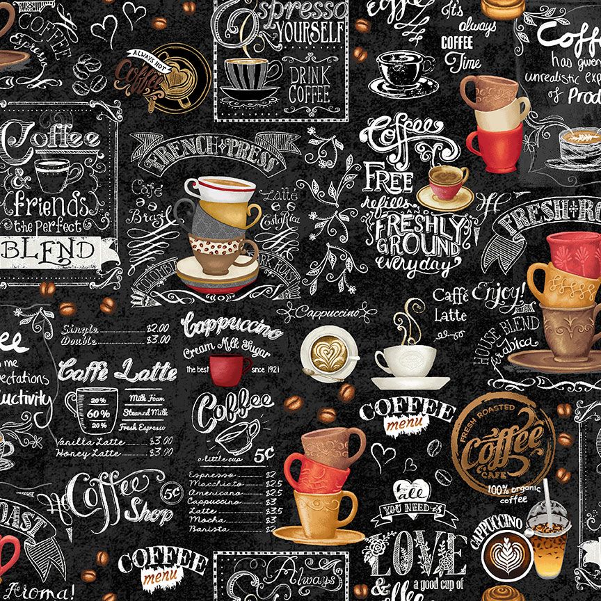 COFFEE CHALKBOARD cotton fabric by the half yard TIMELESS TREASURES!