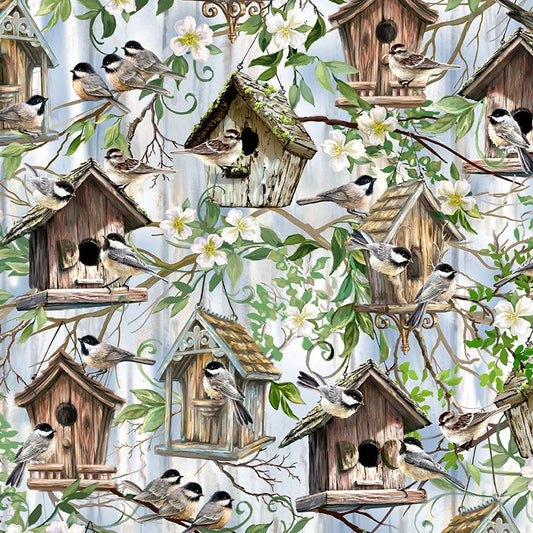 BIRDS IN BIRDHOUSES WITH FLORAL cotton fabric by the half yard TIMELESS TREASURES!