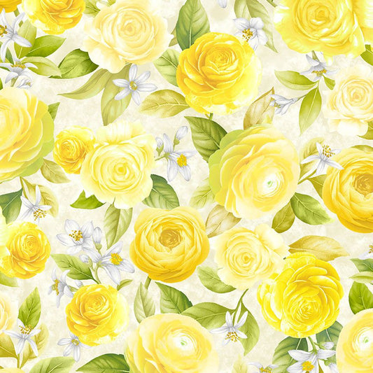 YELLOW ROSES & WHITE FLORAL SPRING cotton fabric by the half yard TIMELESS TREASURES!