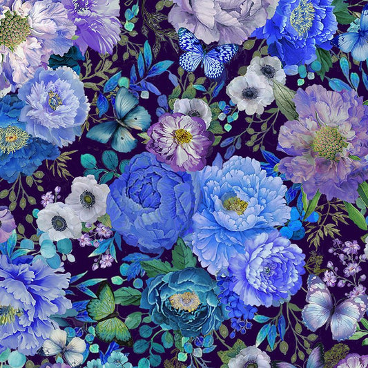 BUTTERFLIES AND BLUE/PURPLE FLOWERS ON BLACK cotton fabric by the half yard TIMELESS TREASURES!