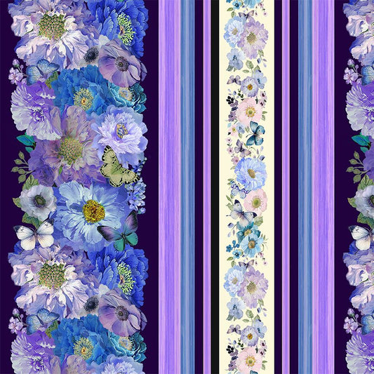 BUTTERFLIES AND BLUE/PURPLE FLOWER BORDER STRIPES cotton fabric by the half yard TIMELESS TREASURES!