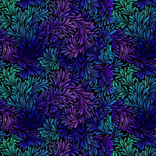 BLUE & PURPLE SWIRLY LEAVES "WILDCATS" cotton fabric by the half yard TIMELESS TREASURES!