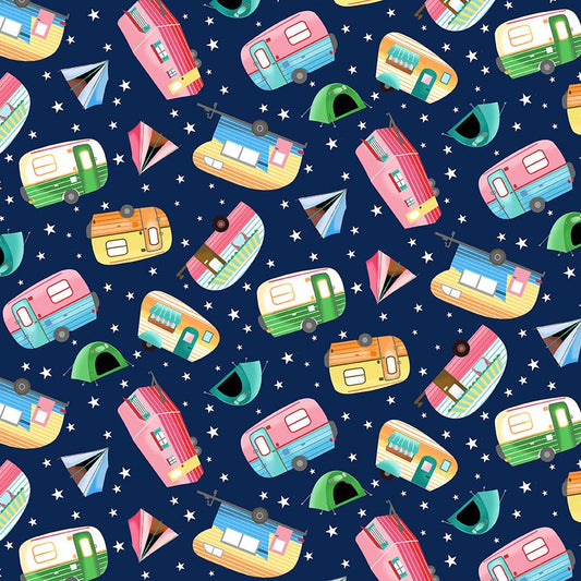CAMPERS AND TENTS ON NAVY cotton fabric by the half yard TIMELESS TREASURES!