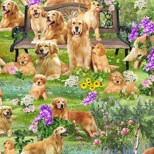GOLDEN RETRIEVER DOGS IN THE PARK cotton fabric by the half yard TIMELESS TREASURES!
