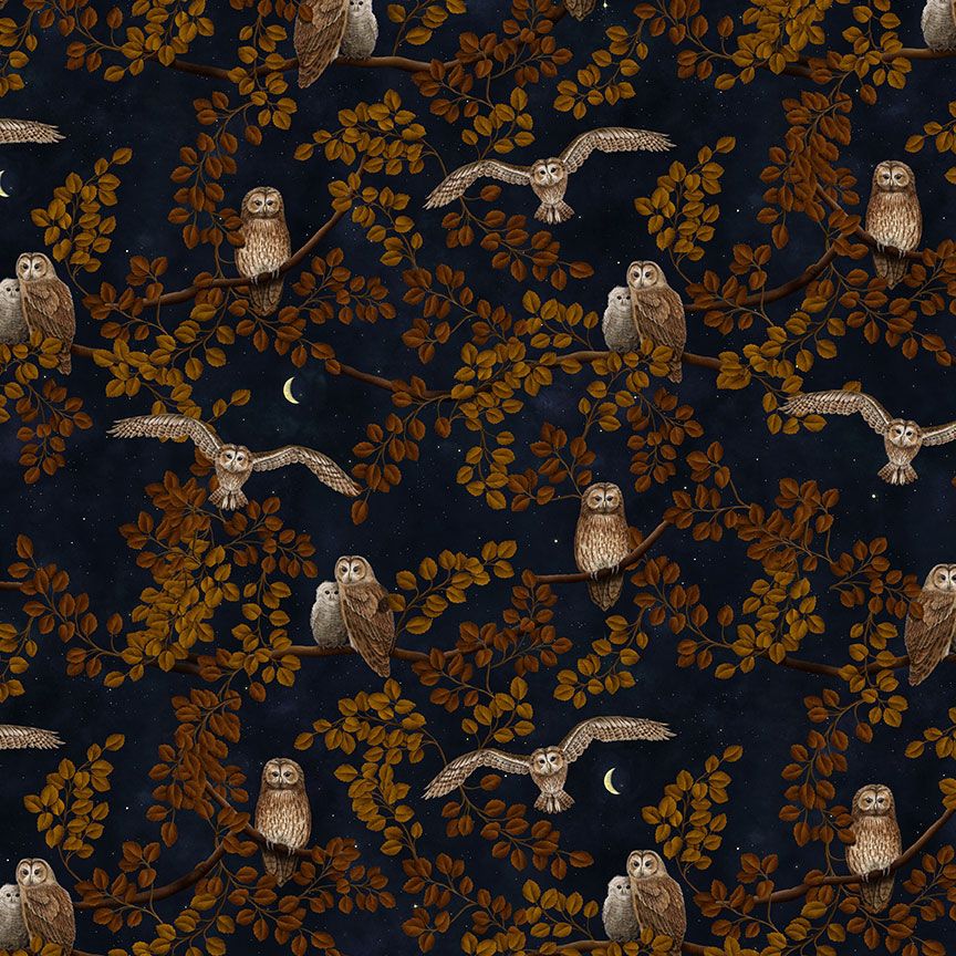 OWLS IN TREE BRANCHES ON BLACK cotton fabric by the half yard TIMELESS TREASURES!
