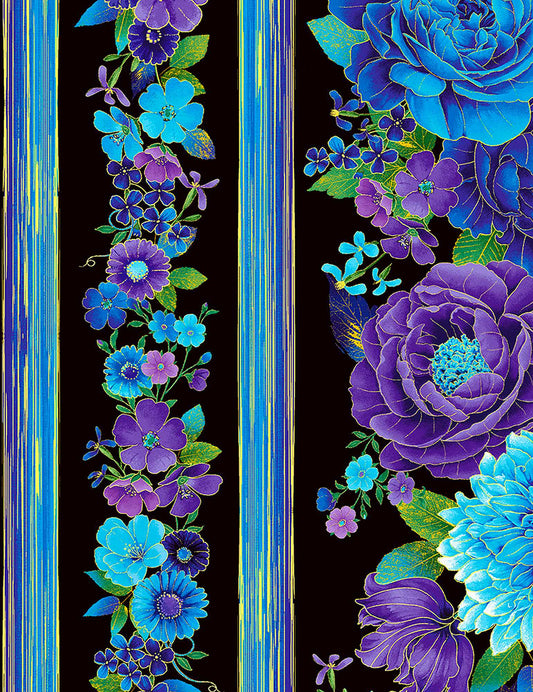 BLUE AND PURPLE FLOWER BORDER STRIPES METALLIC cotton fabric by the half yard TIMELESS TREASURES!