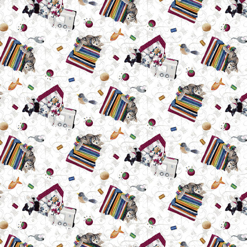 TOSSED KITTY CATS ON BOLTS OF FABRIC SEWING THEME cotton fabric by the half yard HENRY GLASS!