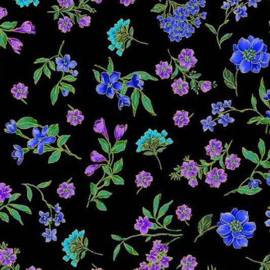 BLUE OPULENT FLORAL SPRIGS ON BLACK cotton fabric by the half yard MICHAEL MILLER!