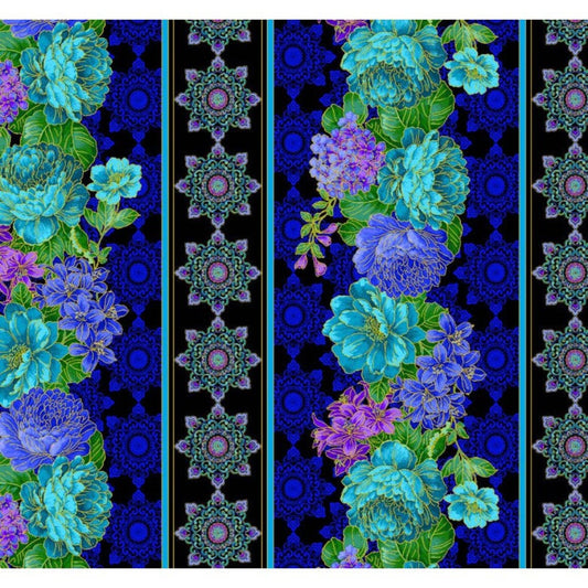 BLUE OPULENT FLOWER AND MEDALLION BORDER STRIPES cotton fabric by the half yard MICHAEL MILLER!
