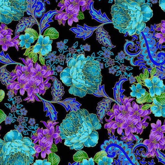 BLUE OPULENT PURPLE AND BLUE FLOWER AND ON BLACK METALLIC cotton fabric by the half yard MICHAEL MILLER!