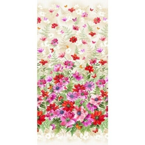 ASCENDING PINK FLOWERS AND BUTTERFLIES cotton fabric panel 23" x 44" MICHAEL MILLER!