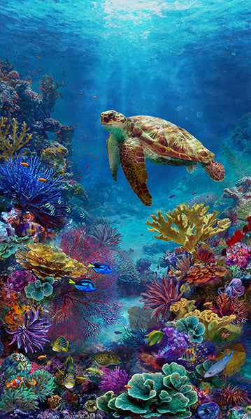 SWIMMING SEA TURTLE AND COLORFUL CORAL TIDES OF COLOR cotton fabric panel  26 1/4" x 43 3/8" HOFFMAN!