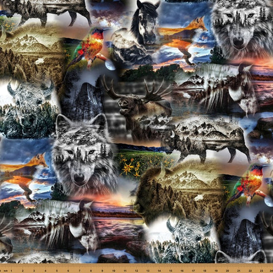 WILDLIFE COLLAGE WOLVES BISON HORSES "WILD" cotton fabric by the half yard HOFFMAN!