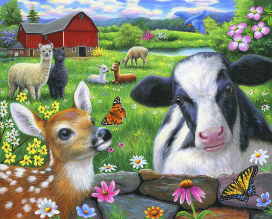 ADORABLE FARM ANIMALS LLAMA, COW, DEER+ 36" x 44" cotton fabric panel DAVID TEXTILES!