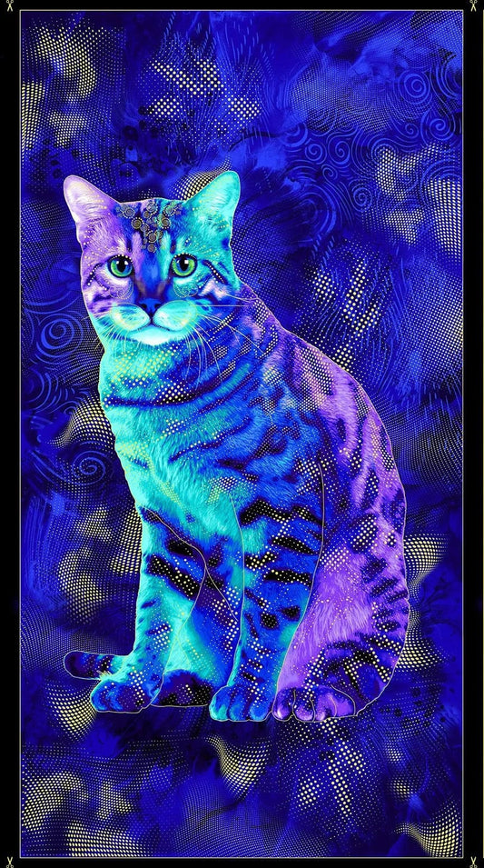 LARGE BLUE CAT PORTRAIT cotton fabric panel 23" x 44" TIMELESS TREASURES!