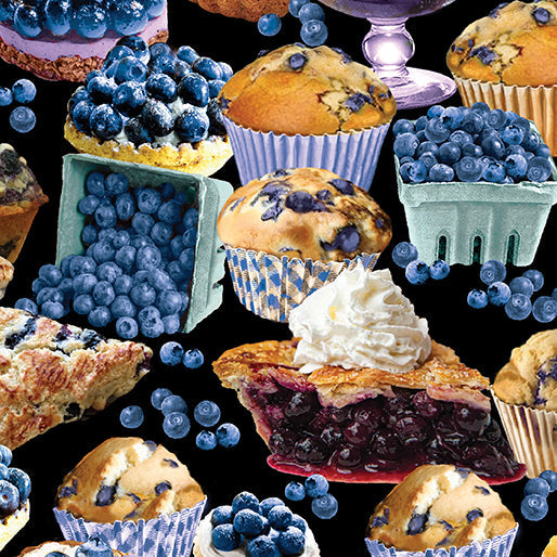 BLUEBERRY MUFFINS AND PIE cotton fabric by the half yard BENARTEX!