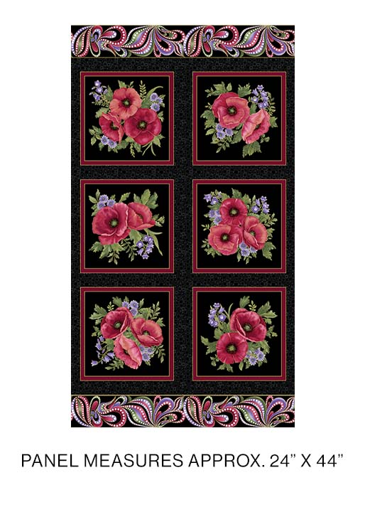 AMAZING POPPIES FLOWER BLOCKS AND PAISLEY cotton fabric panel 23" x 44" BENARTEX!