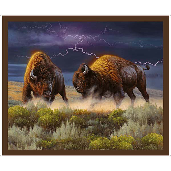 BISON IN FIELD WITH LIGHTNING 36" x 44" cotton fabric panel QT FABRICS!