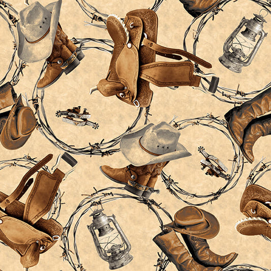 WESTERN GEAR COWBOY HATS, COWBOY BOOTS cotton fabric by the half yard BLANK QUILTING!
