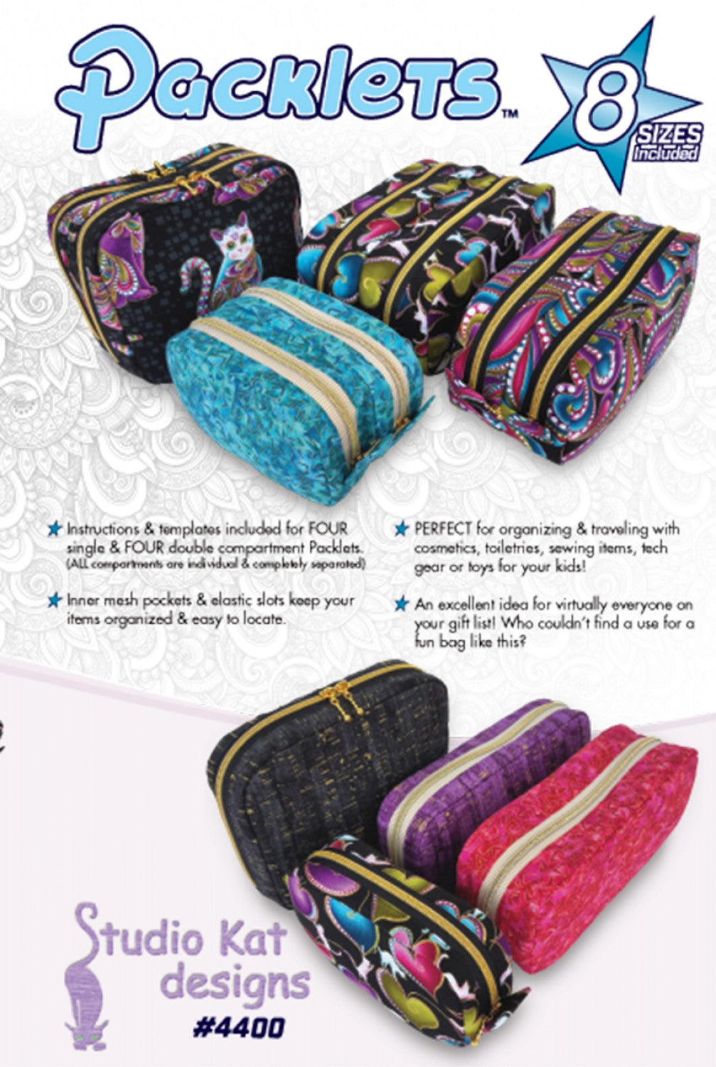 PACKLETS 8 DIFFERENT ZIPPERED POUCHES COSMETICS, TECH GEAR++ sewing pattern STUDIO KAT!