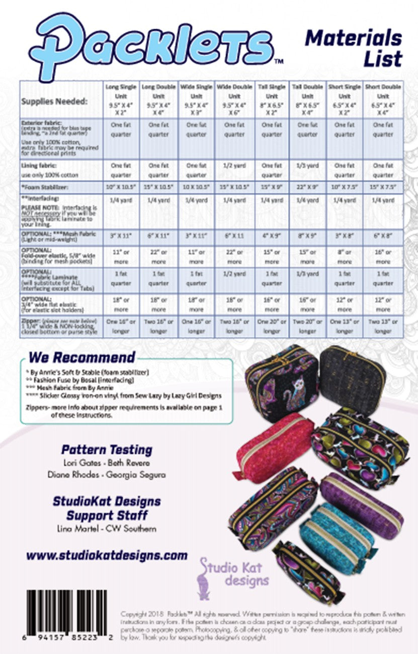 PACKLETS 8 DIFFERENT ZIPPERED POUCHES COSMETICS, TECH GEAR++ sewing pattern STUDIO KAT!