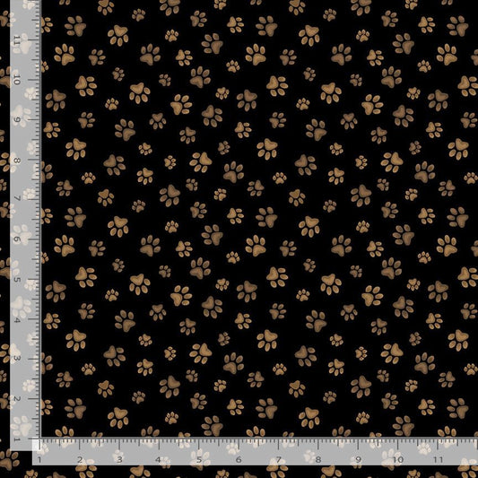 BROWN PAW PRINTS ON BLACK cotton fabric by the half yard TIMELESS TREASURES!