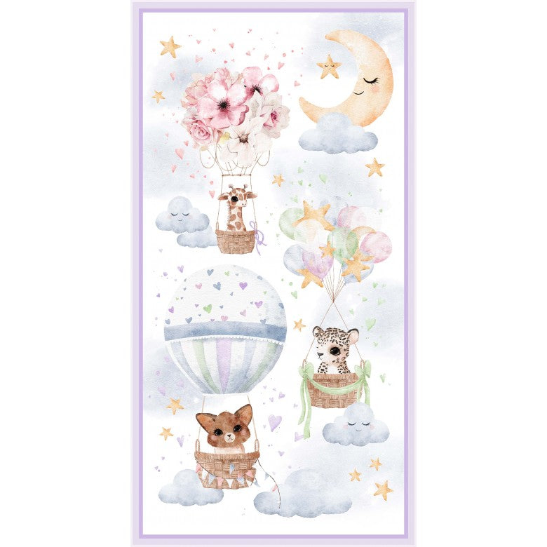 BABY ANIMALS IN HOT AIR BALLOONS cotton fabric panel 23" x 44" MICHAEL MILLER!