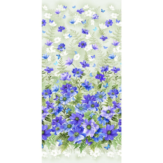ASCENDING BLUE FLOWERS AND BUTTERFLIES cotton fabric panel 23" x 44" MICHAEL MILLER!