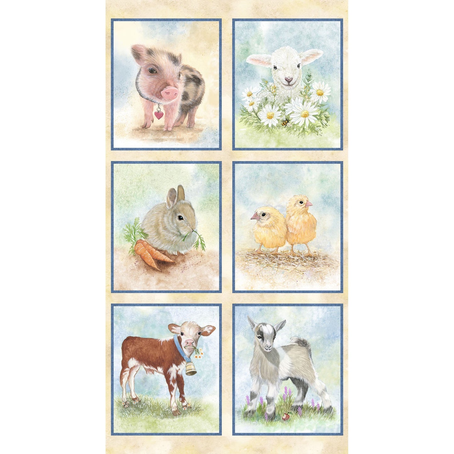 BABY FARM ANIMALS 6  BLOCKS BARNYARD BABIES CHICK, PIGLET cotton fabric panel 23" x 44" P&B TEXTILES!