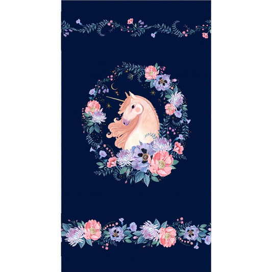 UNICORN IN FLORAL CIRCLE ON NAVY cotton fabric panel 23" x 44" MICHAEL MILLER!