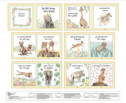 BABY SAFARI ANIMALS "ALL BIG THINGS START SMALL" SOFT BOOK cotton fabric panel 36" x 44" STUDIO E!