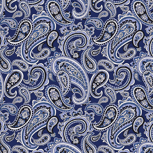 BLUE PAISLEY ON NAVY cotton fabric by the half yard BENARTEX!