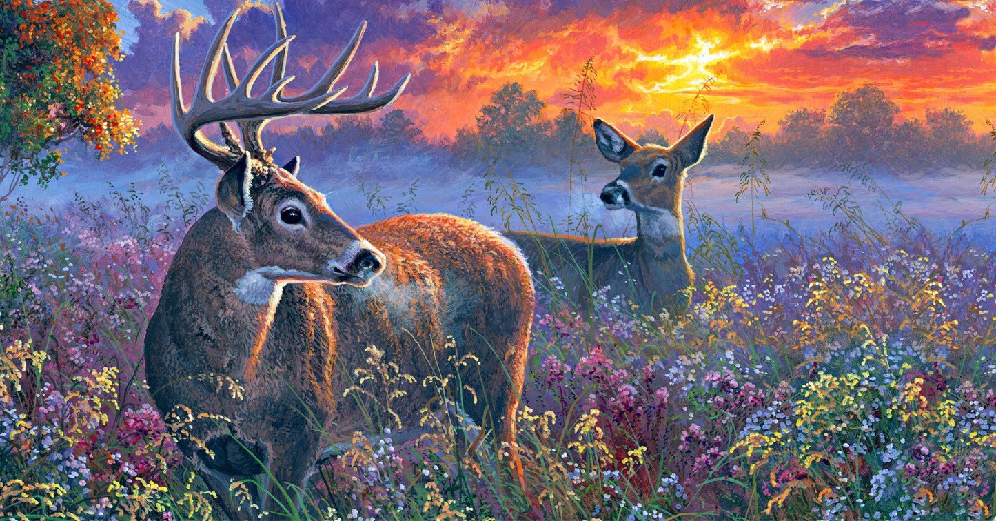 DEER AND BUCK IN FLOWER FIELD cotton fabric panel 23" x 44" 3 WISHES