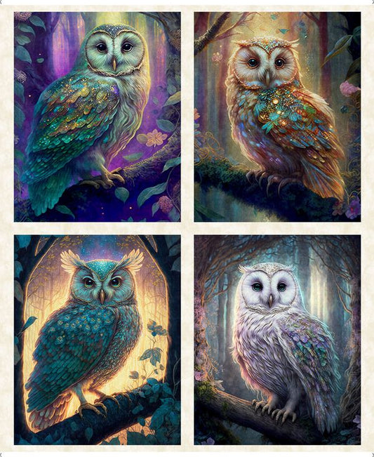 4 LARGE MYSTIC OWL BLOCKS ON CREAM 36" x 44" cotton fabric panel QT FABRICS!
