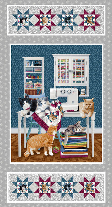 QUILTED KITTIES CATS IN SEWING ROOM cotton fabric panel 23" x 44" HENRY GLASS!