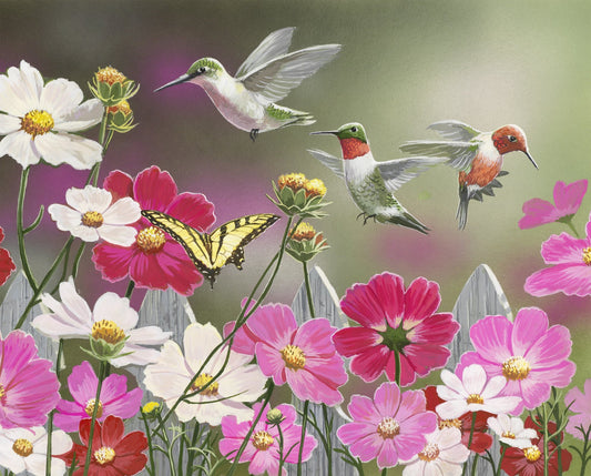 HUMMINGBIRDS AND COSMOS FLOWERS 36" x 44" cotton fabric panel DAVID TEXTILES!