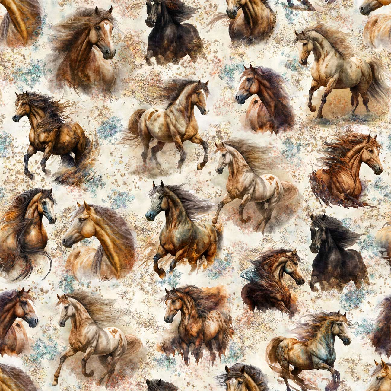 STALLION HORSE PORTRAITS ON CREAM cotton fabric by the half yard STALLION SONG QT FABRICS!