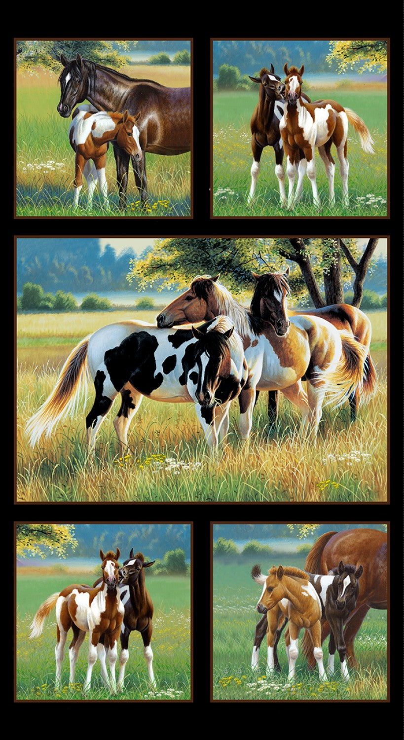 HORSE BLOCKS ON BLACK cotton fabric panel 23" x 44" ELIZABETH'S STUDIO!