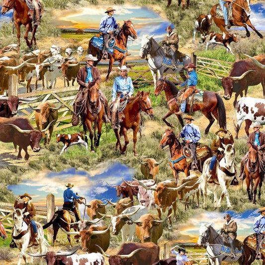 CATTLE DRIVE COWBOY SCENE cotton fabric by the half yard MICHAEL MILLER!