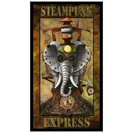 STEAMPUNK EXPRESS ELEPHANT TRAIN 23" x 44" cotton fabric panel QT FABRICS!