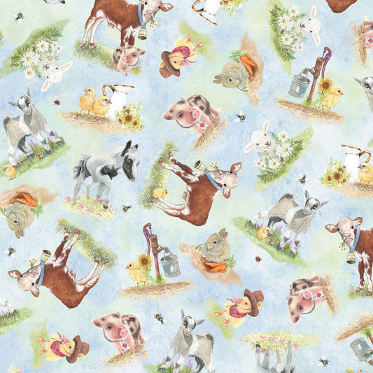 FARM ANIMAL BABIES ON BLUE PIGLETS, CHICKS, BABY COW+ cotton fabric by the half yard P&B TEXTILES!