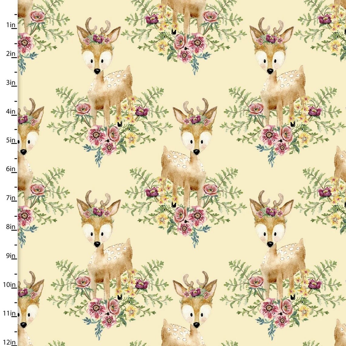 LAST PIECE CARTOON DEER WITH FLOWERS & FERNS 18" x 44" cotton fabric 3 WISHES!