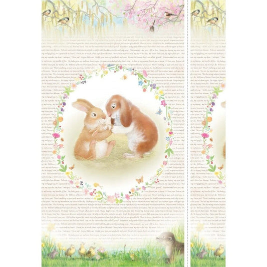 BUNNY FAMILY WITH TEXT cotton fabric panel 23" x 44" MICHAEL MILLER!