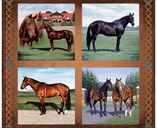 4 BLOCK HORSES 36" x 44" cotton fabric panel HORSE COUNTRY QT FABRICS!